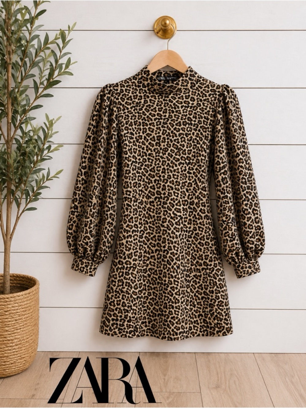 🐆🖤 ZARA Metallic Leopard Print Dress | High Neck Puff Sleeve Mini | Size M NWOT